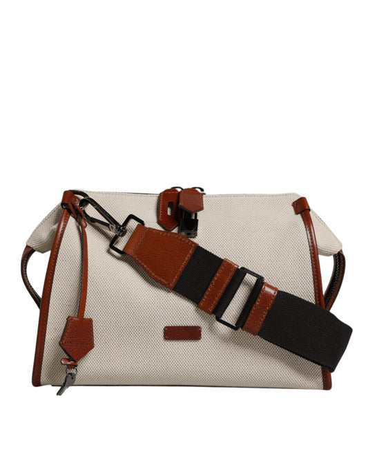 Dolce & Gabbana Beige Brown Cotton Leather Duffle Shoulder Bag