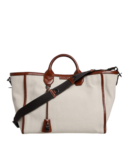 Dolce & Gabbana Beige Brown Cotton Leather Duffle Shoulder Bag