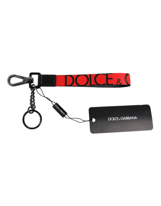 Dolce & Gabbana Red Logo Nylon Silver Brass Men Holder Keychain Keyring