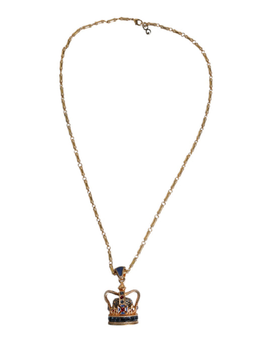 Dolce & Gabbana Gold Tone Chain Brass Crystal Crown Pendant Necklace