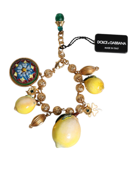 Dolce & Gabbana Gold Tone Brass Filigree Ball Charm Lemon Logo Bracelet