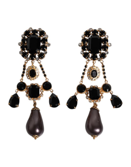 Dolce & Gabbana Gold Tone Brass Black Crystal Clip On Dangling Earrings