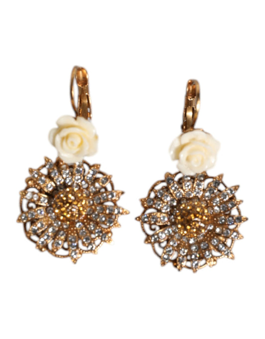 Dolce & Gabbana White Floral Clear Crystal Brass Dangling Jewelry Earrings